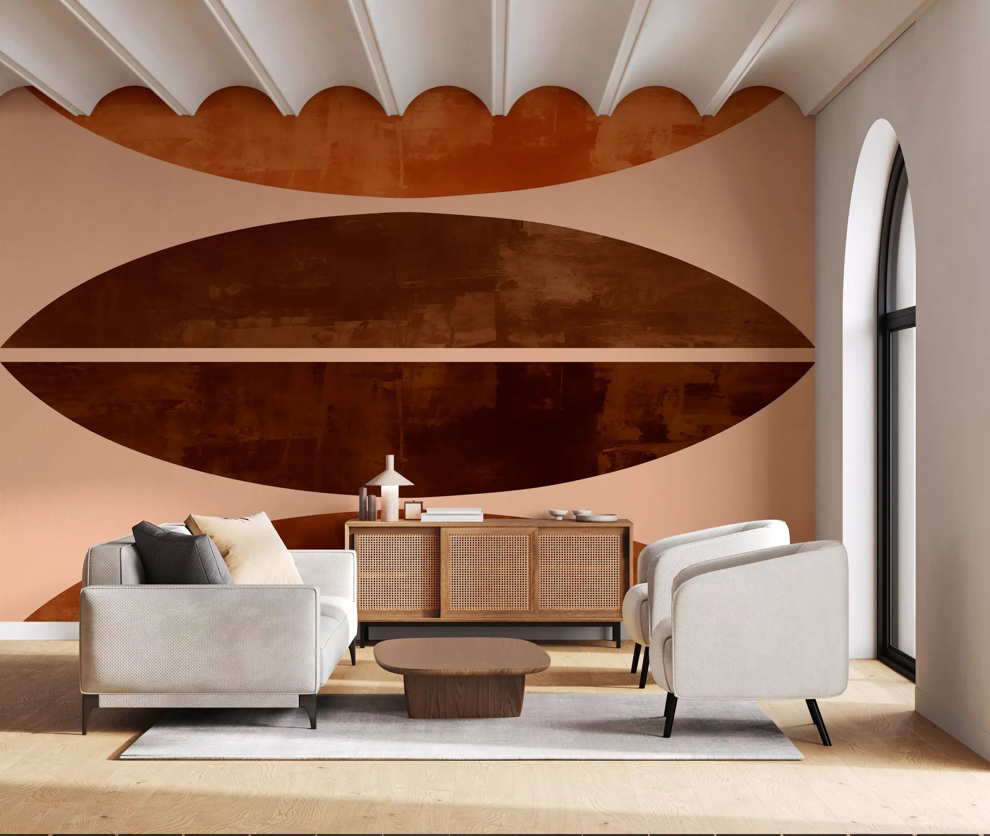 Sienna Curves mid-century wall mural filling a living room niche GD11080
