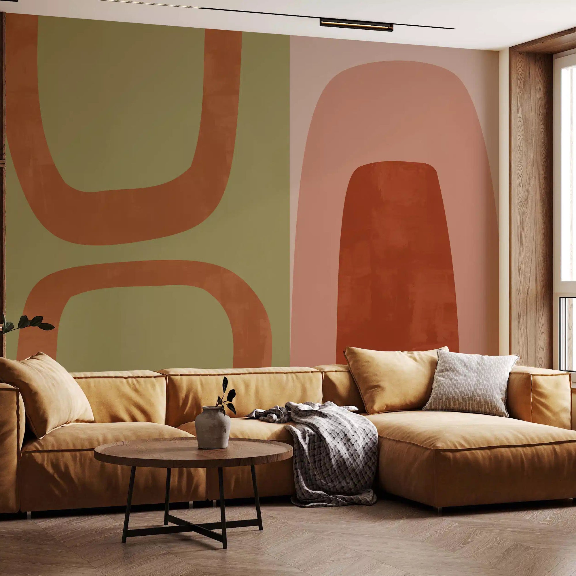 Earthy abstract arches wall mural shown in a living room GD11083