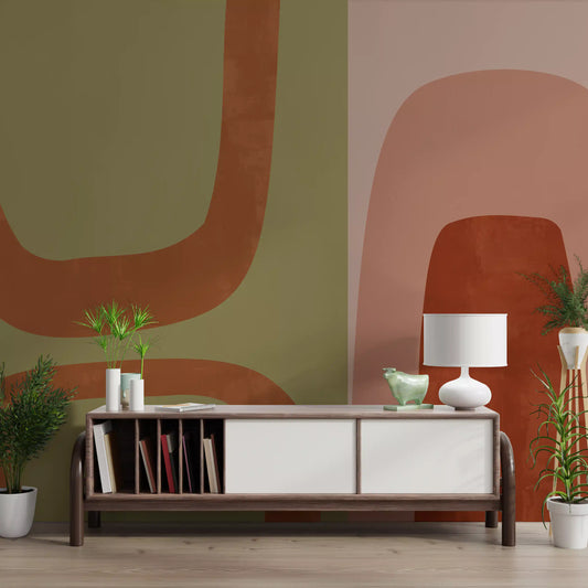 Olive and rust arch wall mural set across a lounge GD11083