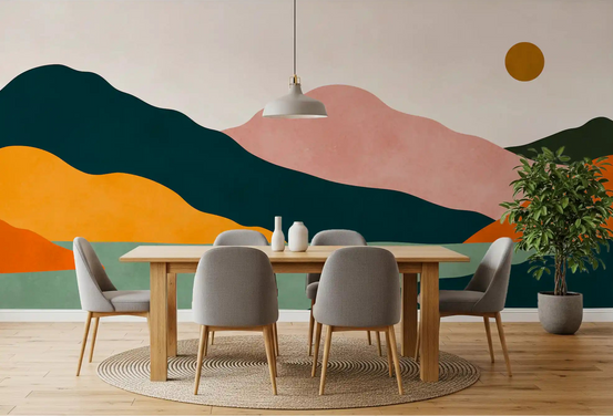 Golden sun landscape wall mural filling a calm dining room, GD11085
