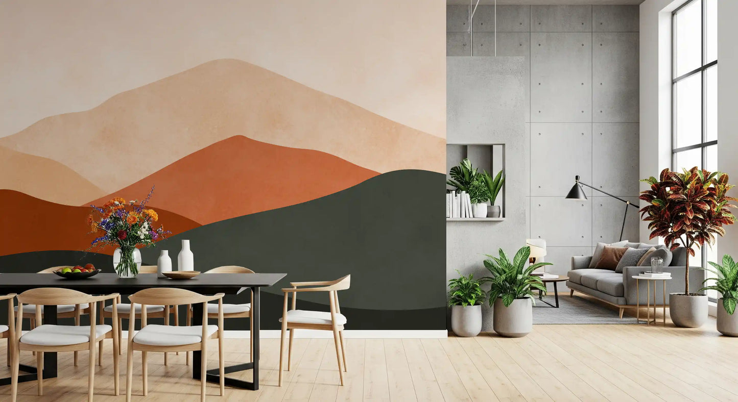 Minimalistisk terrakotta bjerglandskab vægmaleri