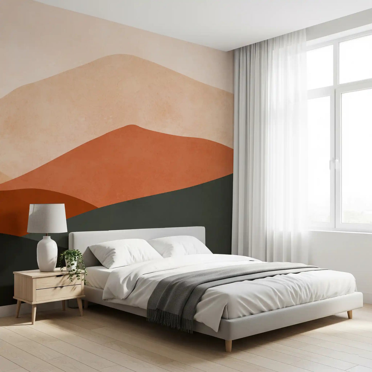 Minimalistisk terrakotta bjerglandskab vægmaleri