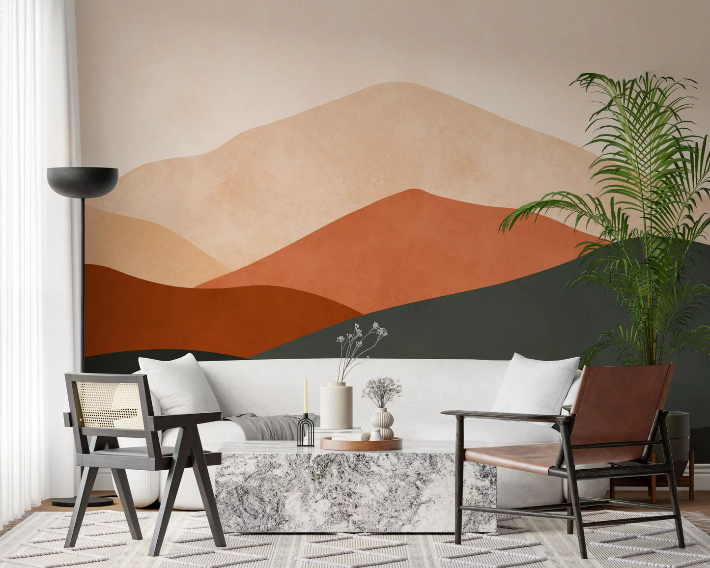 Minimalistisk terrakotta bjerglandskab vægmaleri