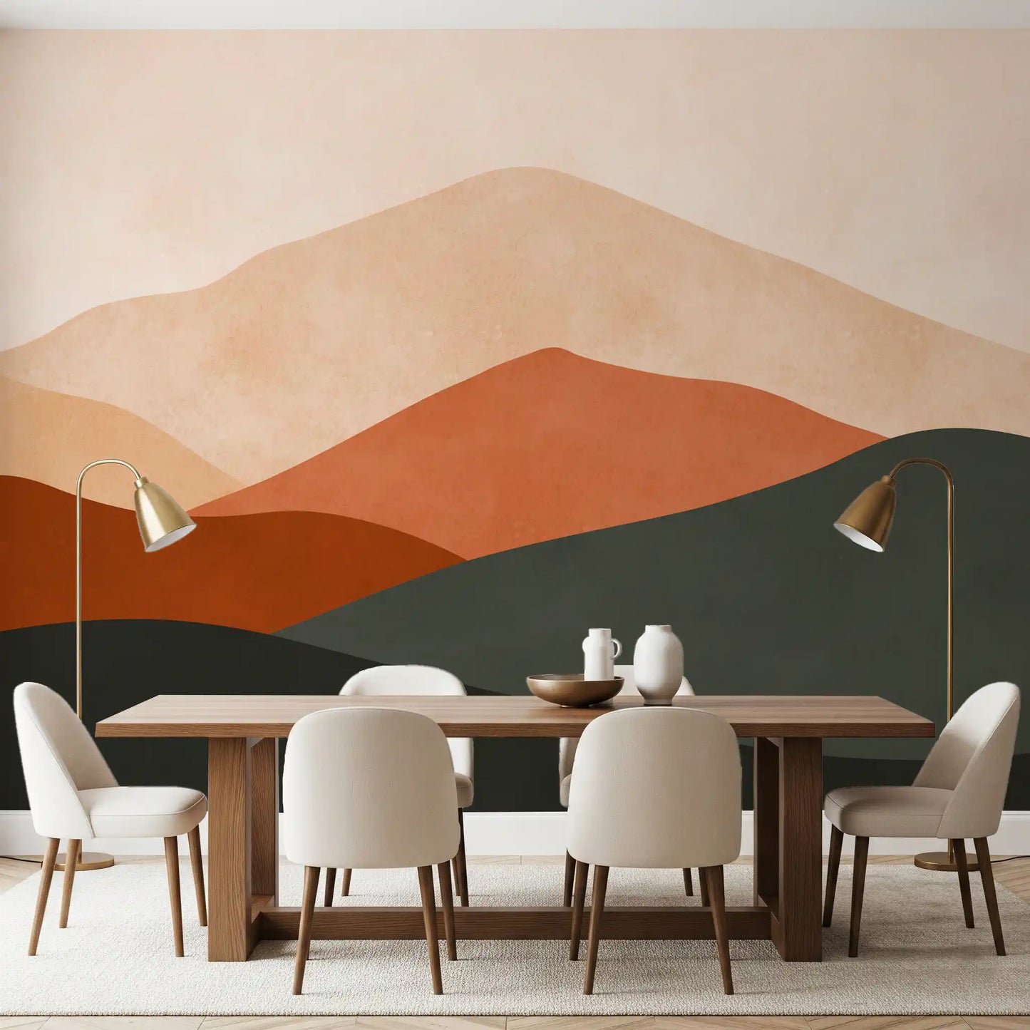Minimalistisk terrakotta bjerglandskab vægmaleri