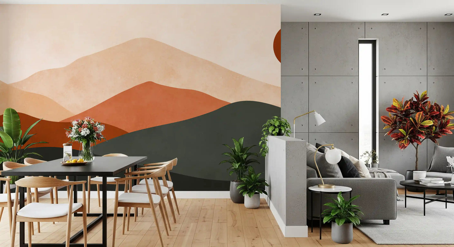Minimalistisk terrakotta bjerglandskab vægmaleri