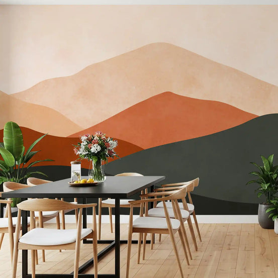 Terracotta Mountain Horizon wall mural warming a dining room, GD11086
