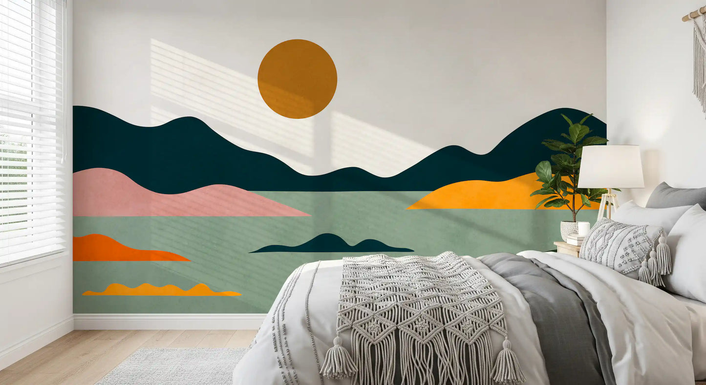 Fresque murale abstraite horizon coucher de soleil géométrique