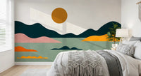 Fresque murale abstraite horizon coucher de soleil géométrique