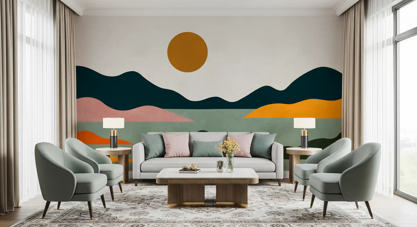 Fresque murale abstraite horizon coucher de soleil géométrique