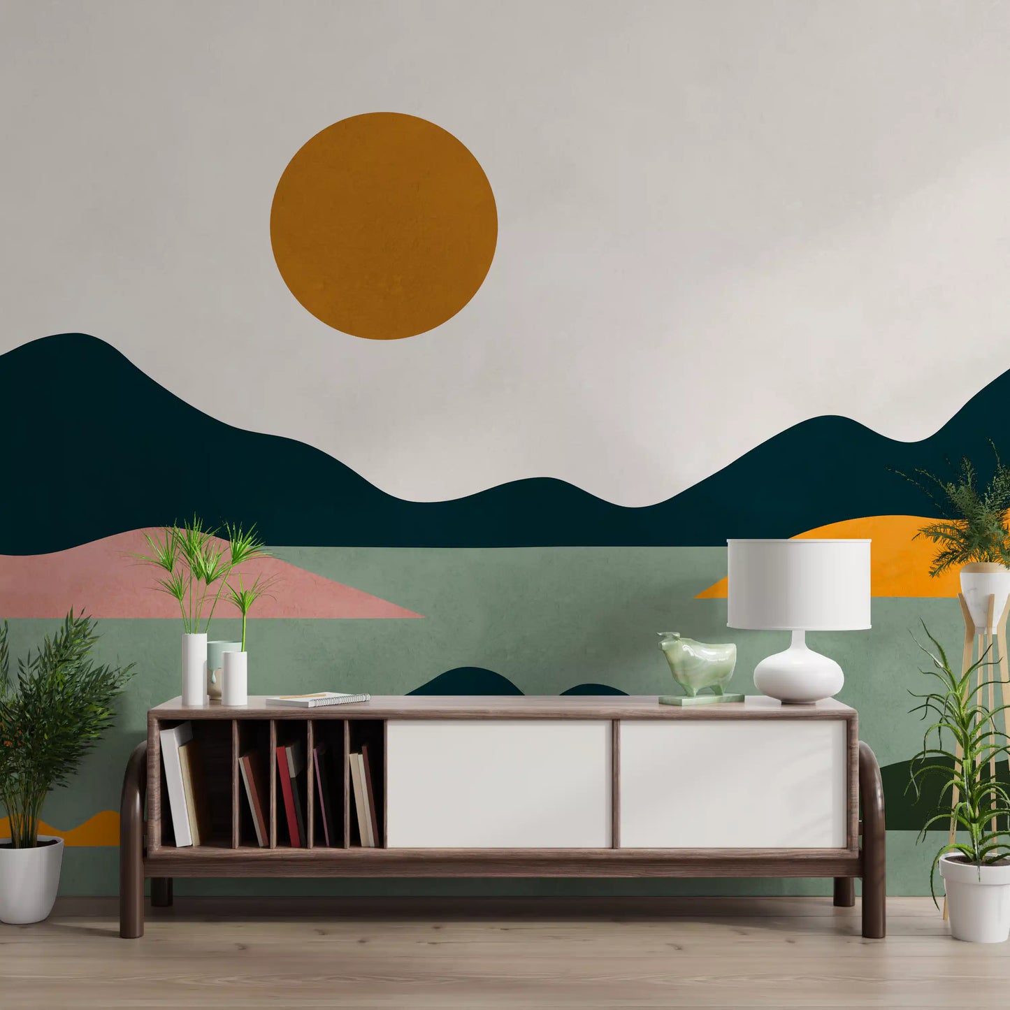 Fresque murale abstraite horizon coucher de soleil géométrique