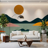 Fresque murale abstraite horizon coucher de soleil géométrique