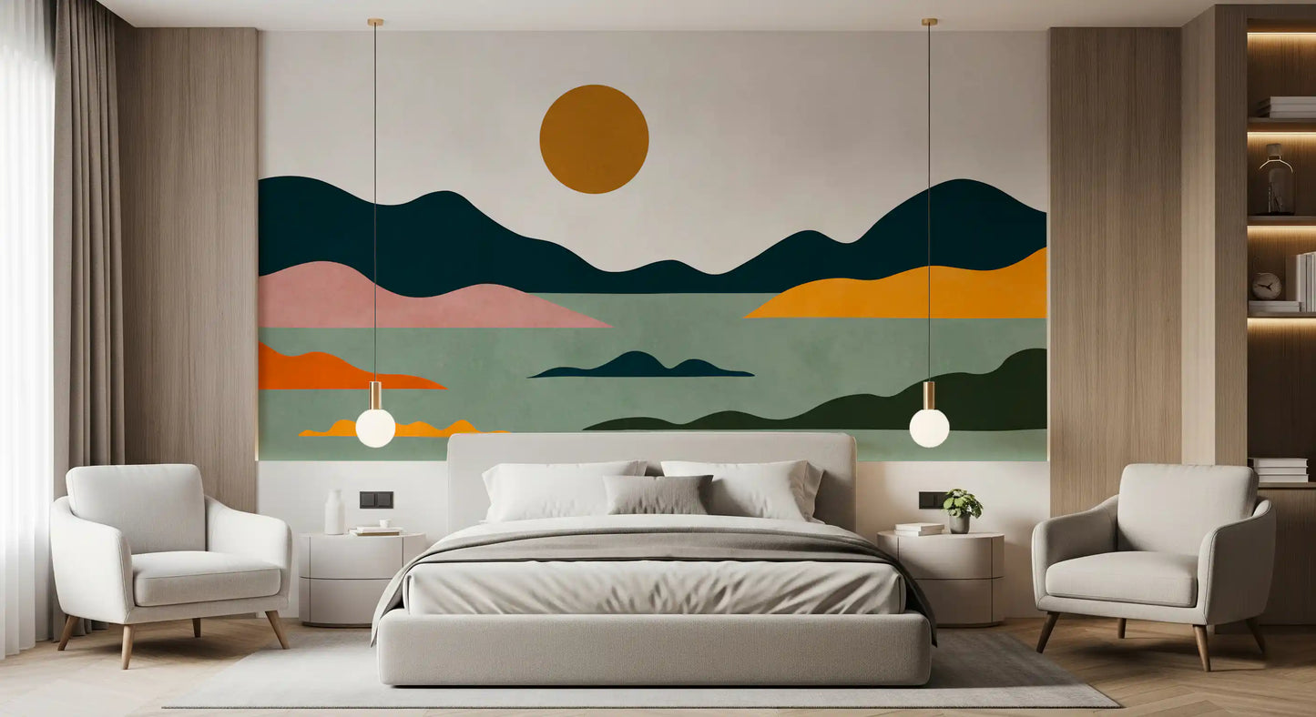 Fresque murale abstraite horizon coucher de soleil géométrique