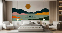 Fresque murale abstraite horizon coucher de soleil géométrique