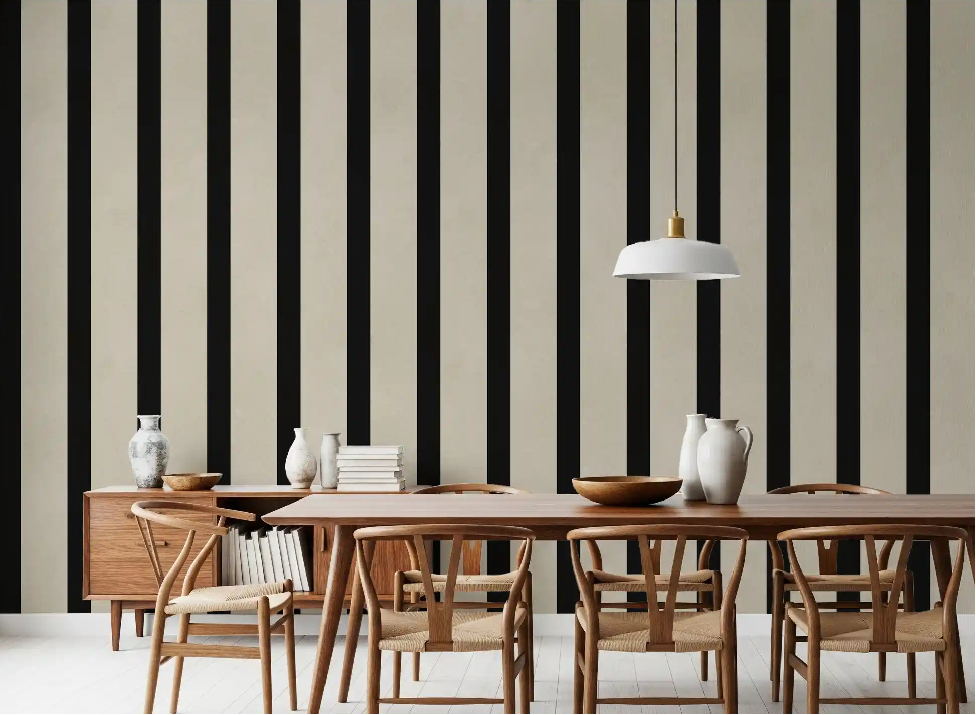Black and beige vertical stripes sharpen a Dining room, Minimalist wall mural GD11090
