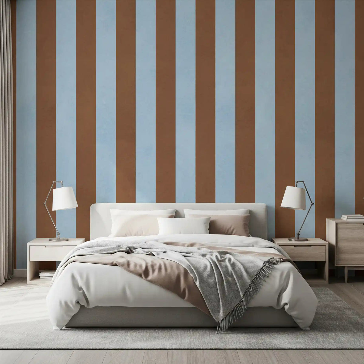 Sky blue and brown striped wall mural set in a bedroom GD11092