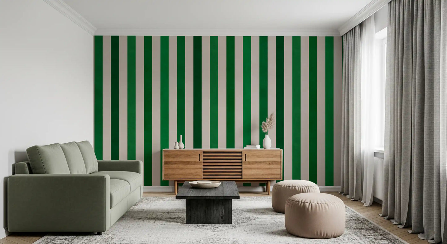 Wandbild mit smaragdgrünen und cremefarbenen vertikalen Streifen