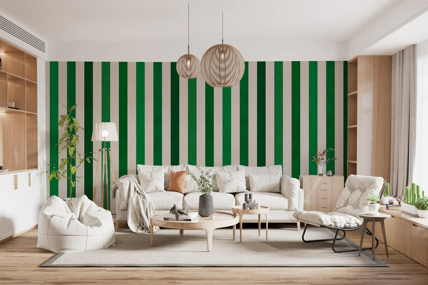Wandbild mit smaragdgrünen und cremefarbenen vertikalen Streifen