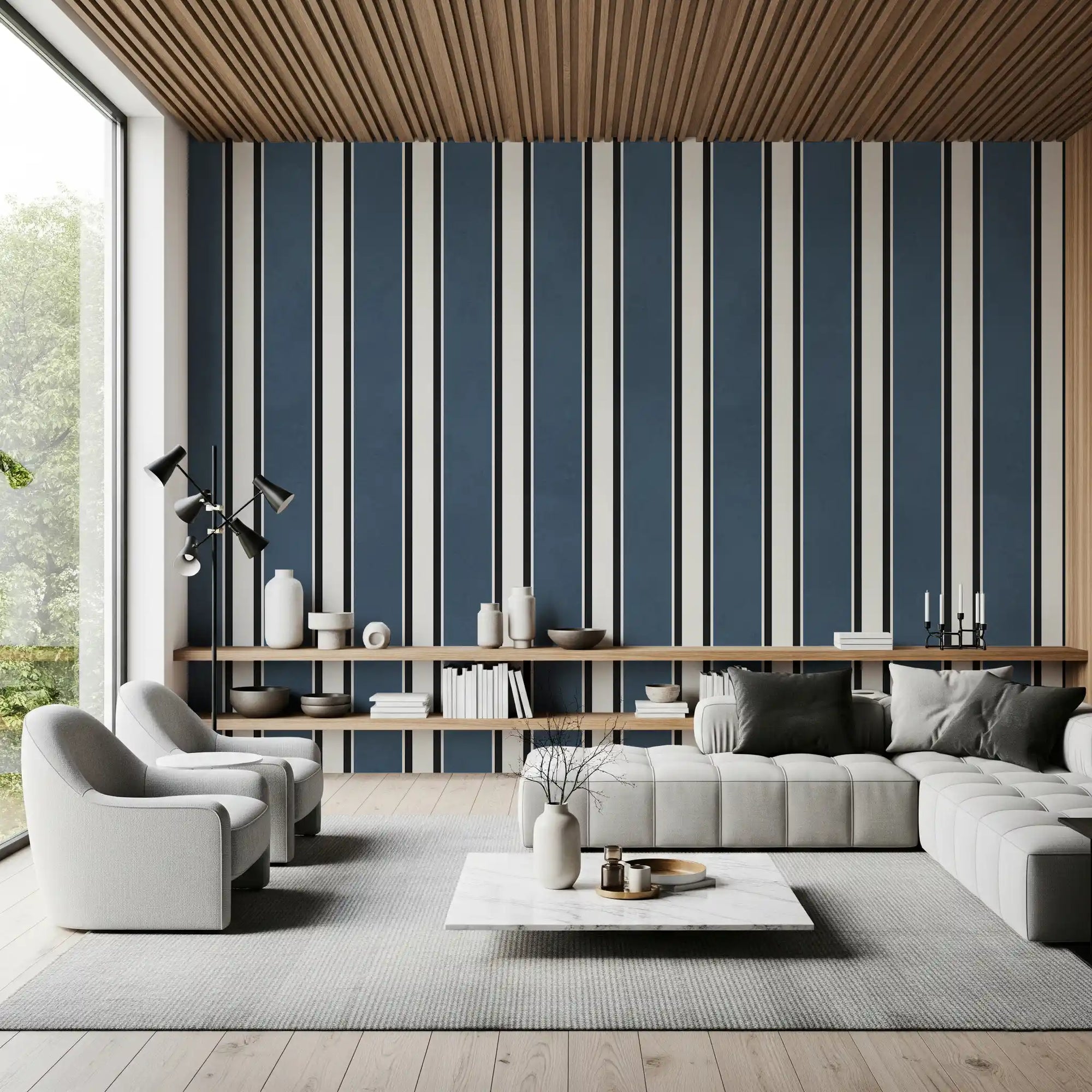 Living room dressed in navy and cream stripes, Classic Navy Striped wall mural GD11096
