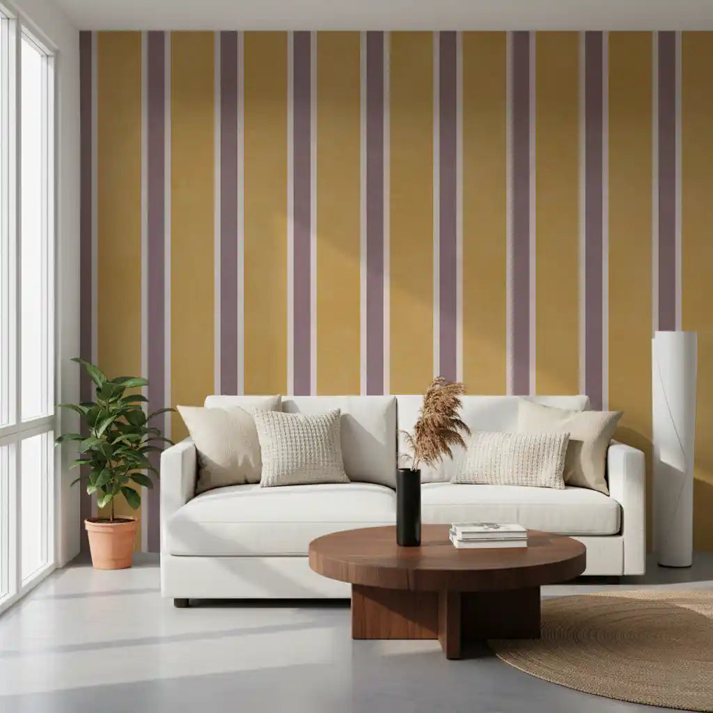 Golden ochre vertical striped wall mural spanning a living room feature space GD11099
