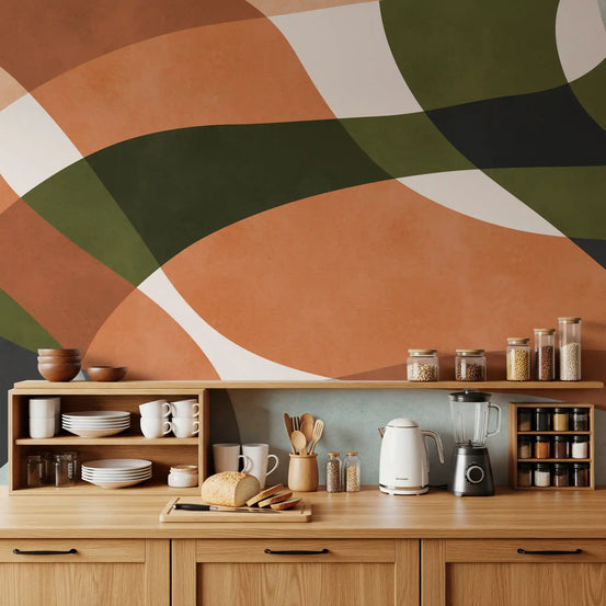 Earthy rust and olive curves warm a kitchen backdrop, Abstract organic wall mural GD11100
