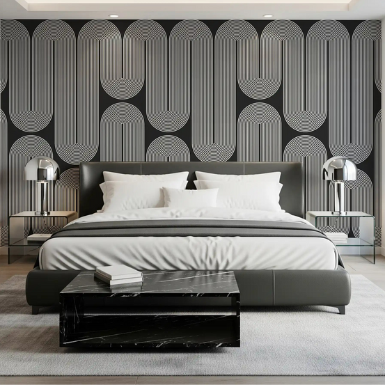 Minimalist monochrome wave arches wall mural in a bedroom GD11102