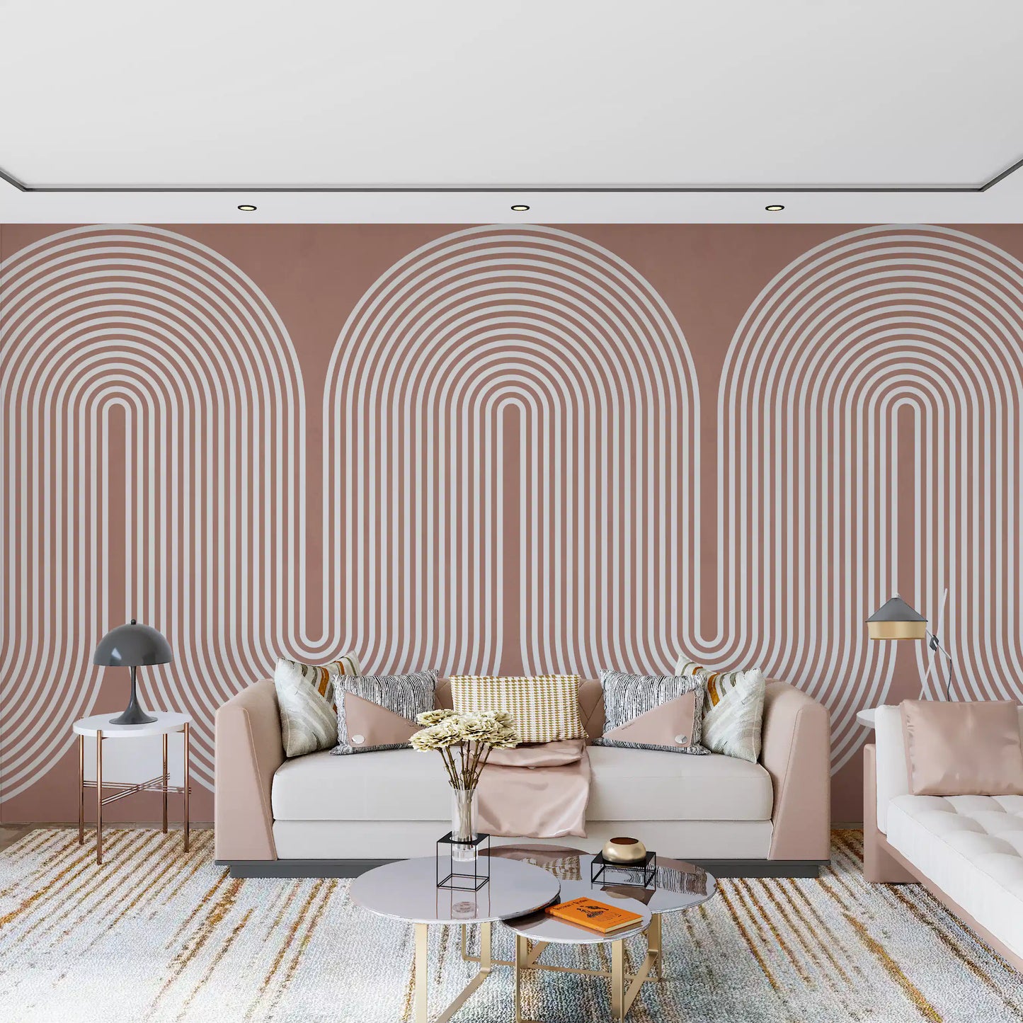 Minimalistisches Muster mit wellenförmigen Linien in Terrakotta Wandbild
