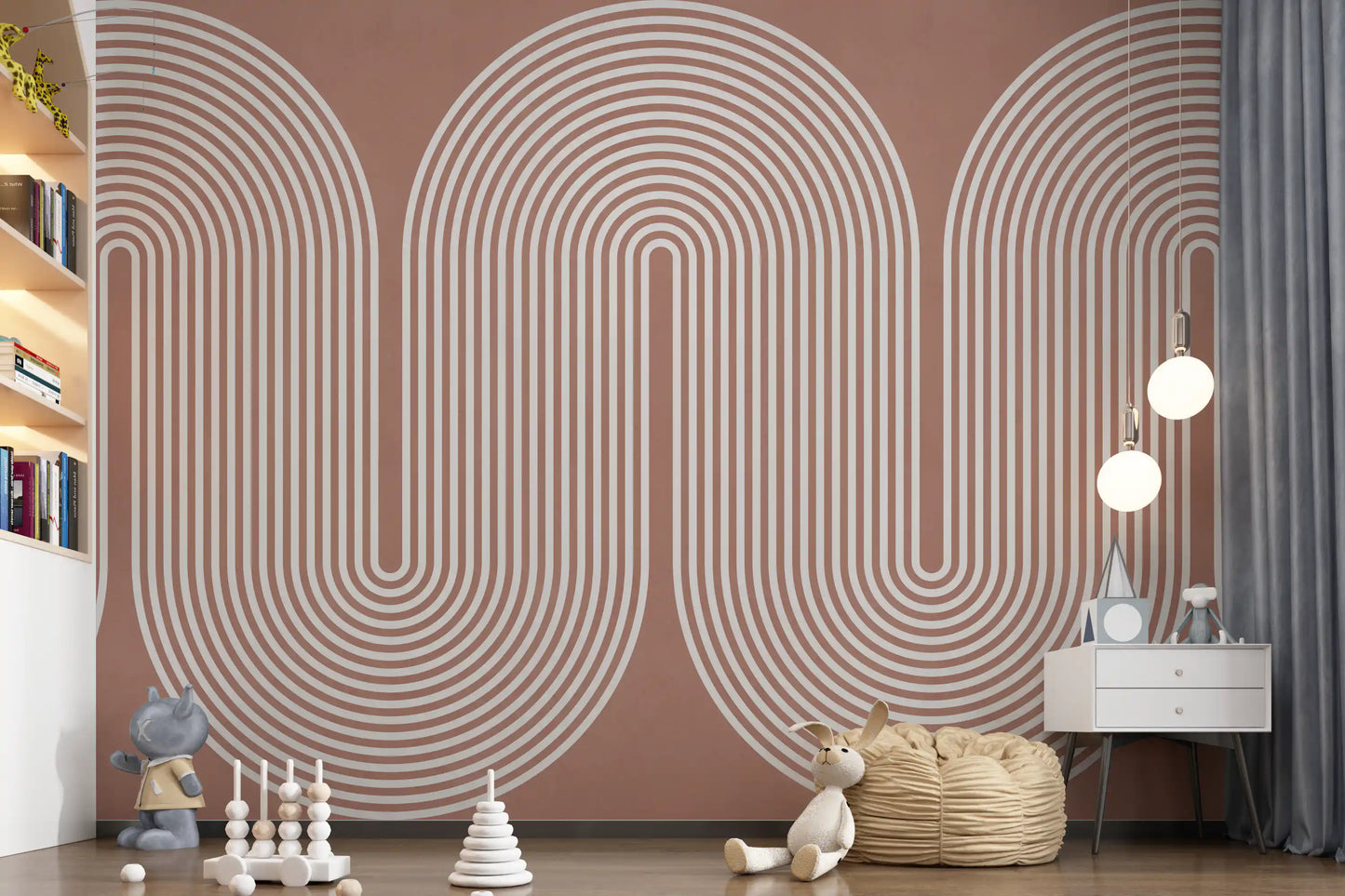 Minimalistisches Muster mit wellenförmigen Linien in Terrakotta Wandbild