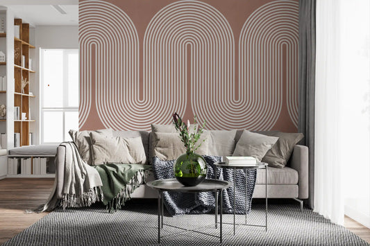 Minimalistisches Muster mit wellenförmigen Linien in Terrakotta Wandbild