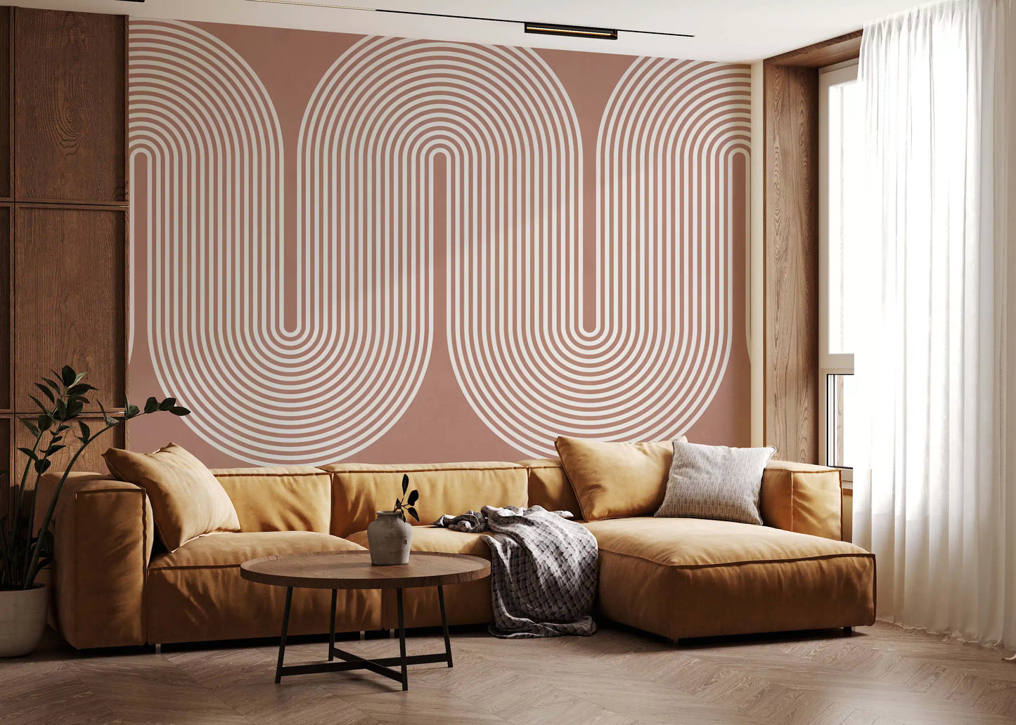 Minimalistisches Muster mit wellenförmigen Linien in Terrakotta Wandbild