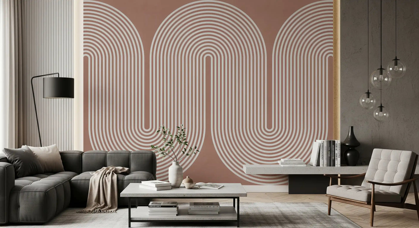 Minimalistisches Muster mit wellenförmigen Linien in Terrakotta Wandbild