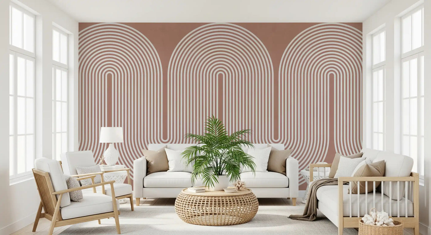 Minimalistisches Muster mit wellenförmigen Linien in Terrakotta Wandbild