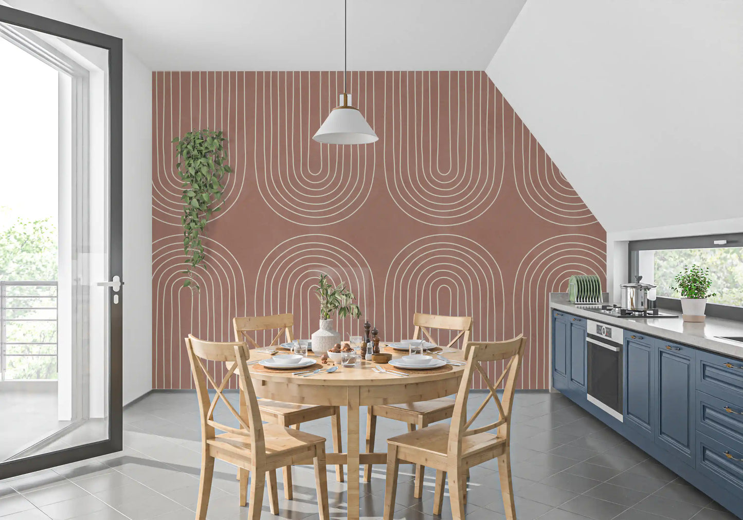 Motiv mit gebogenem Linienmuster in Terrakotta Wandbild