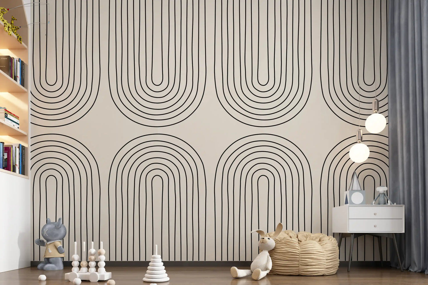 Minimalistisches lineares Kunstmuster als Wandbild in Bogenform