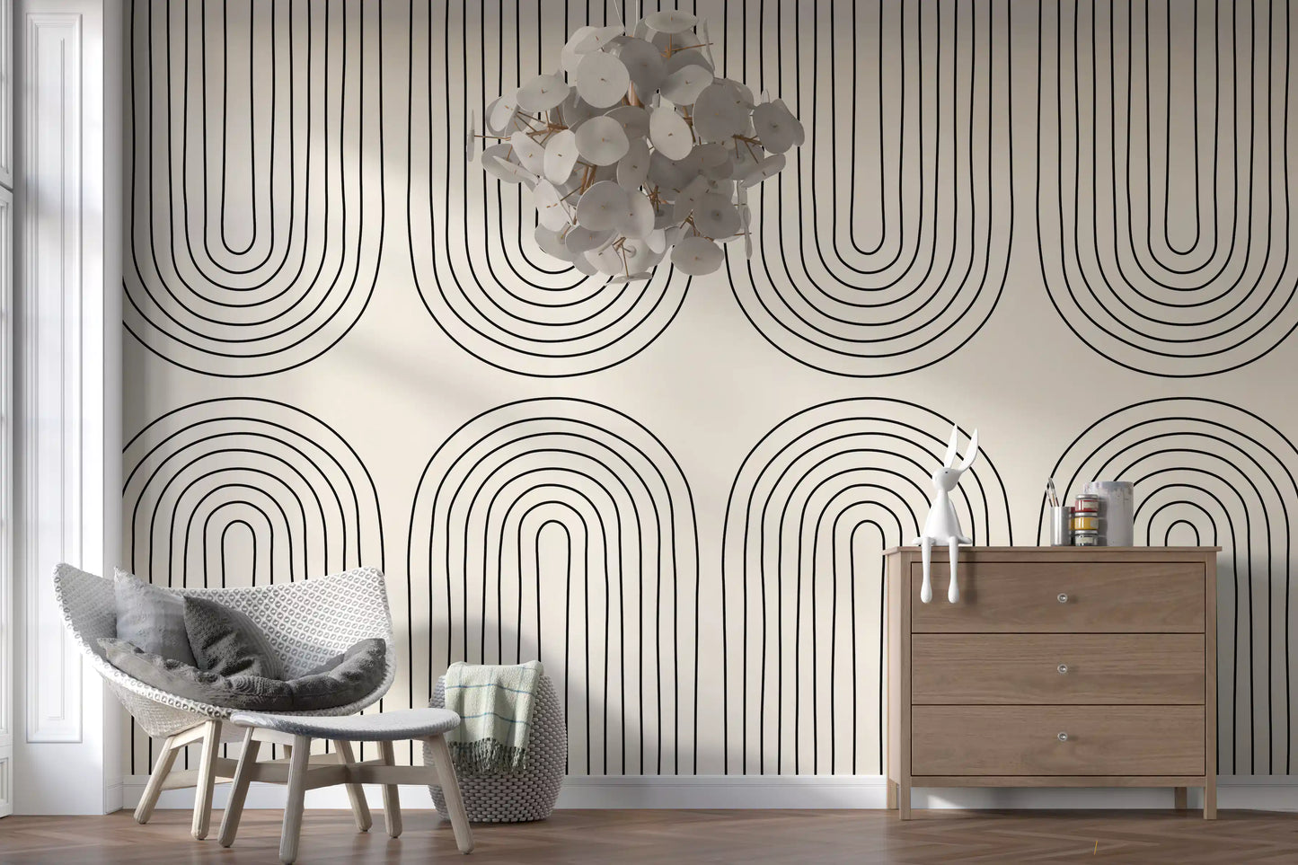 Minimalistisches lineares Kunstmuster als Wandbild in Bogenform
