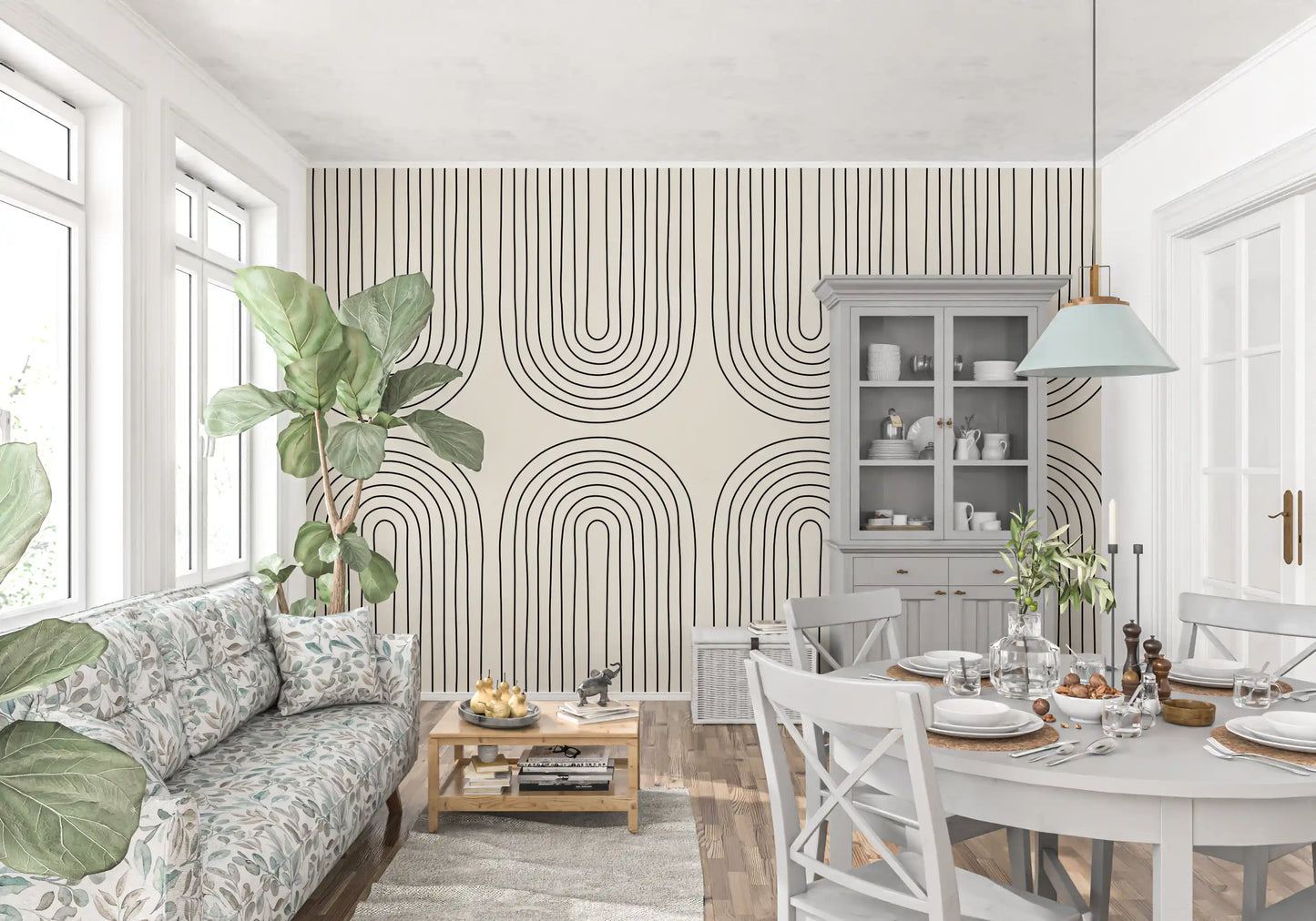 Minimalistisches lineares Kunstmuster als Wandbild in Bogenform