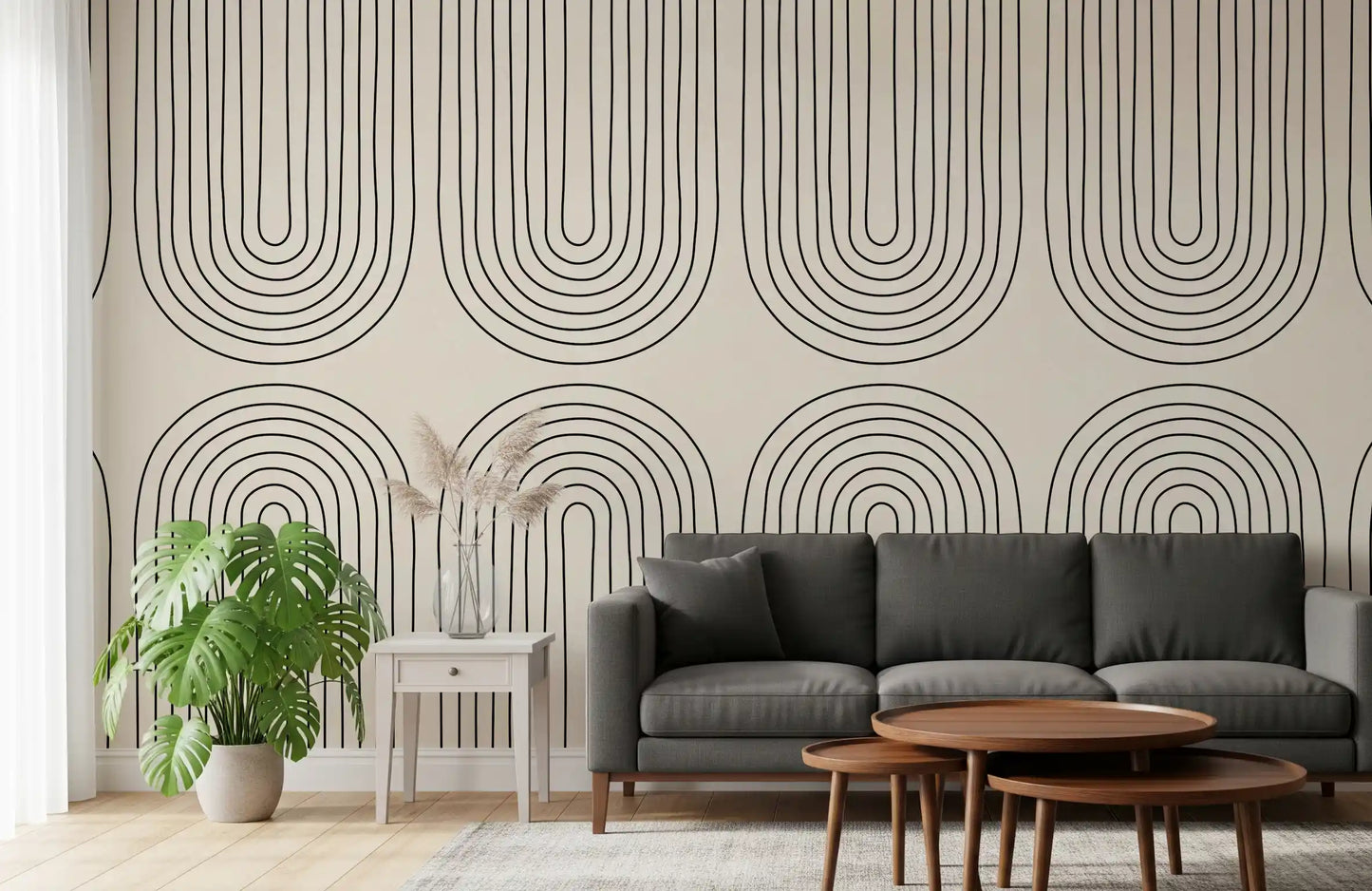 Minimalistisches lineares Kunstmuster als Wandbild in Bogenform