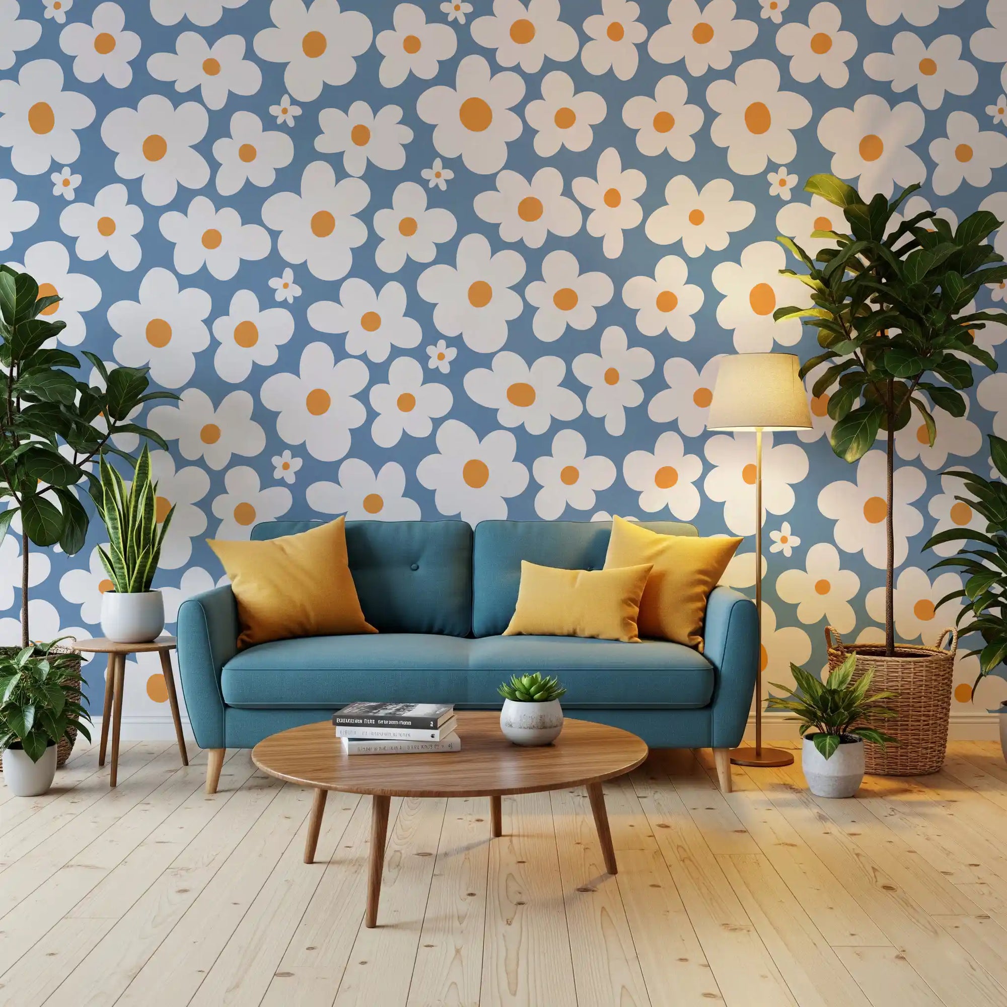 Living room brightened by white daisies on blue, Retro Daisy Bloom wall mural GD11107
