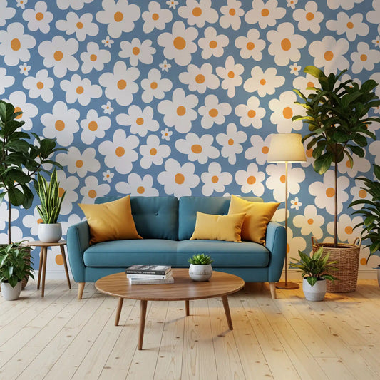 Retro Daisy Bloom Blau Wandbild