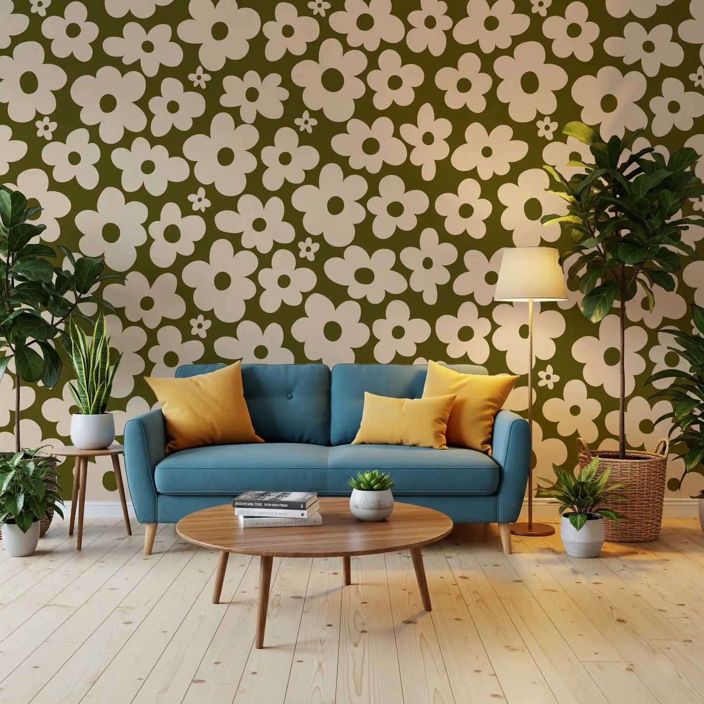 Retro Daisy Meadow in Salbei und Creme Wandbild