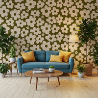 Retro Daisy Meadow in Salbei und Creme Wandbild