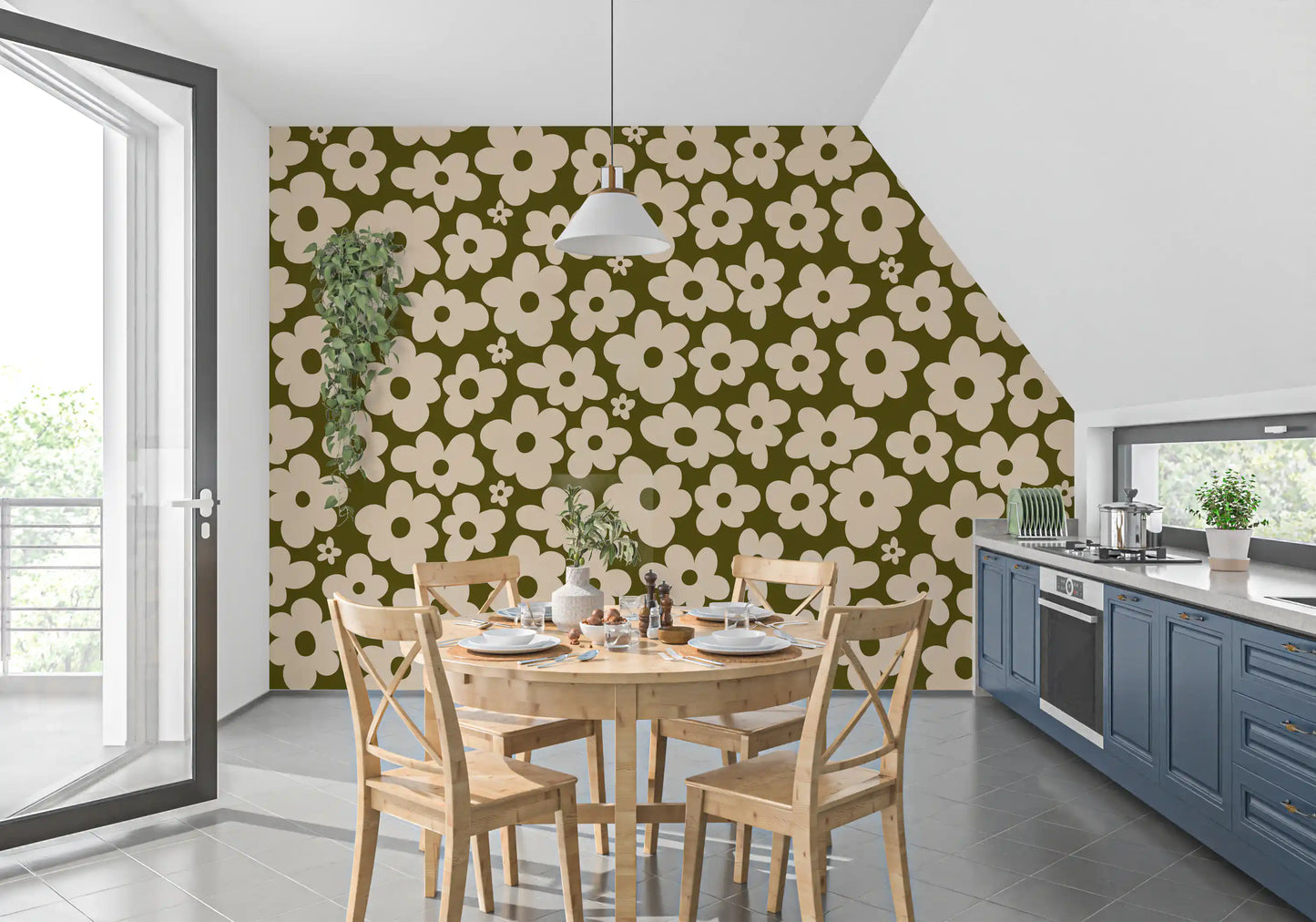 Retro Daisy Meadow in Salbei und Creme Wandbild