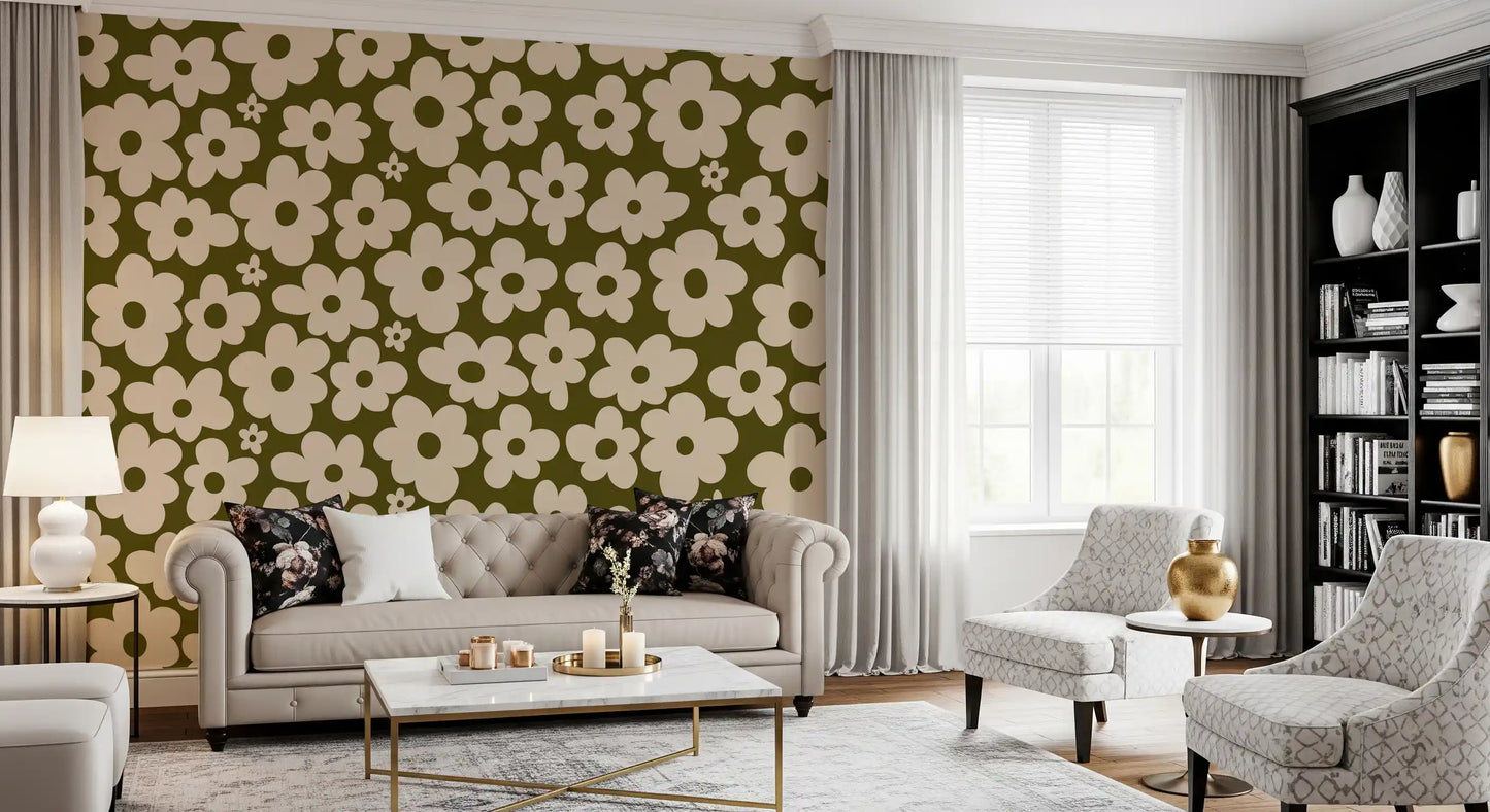 Retro Daisy Meadow in Salbei und Creme Wandbild