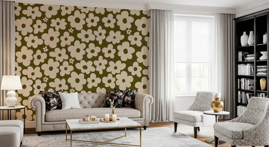 Retro Daisy Meadow in Salbei und Creme Wandbild