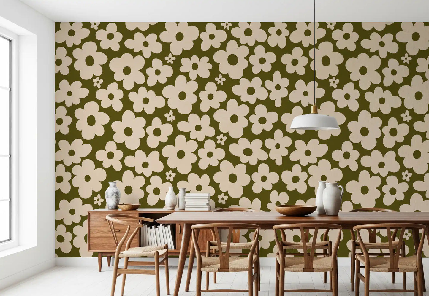 Retro Daisy Meadow in Salbei und Creme Wandbild