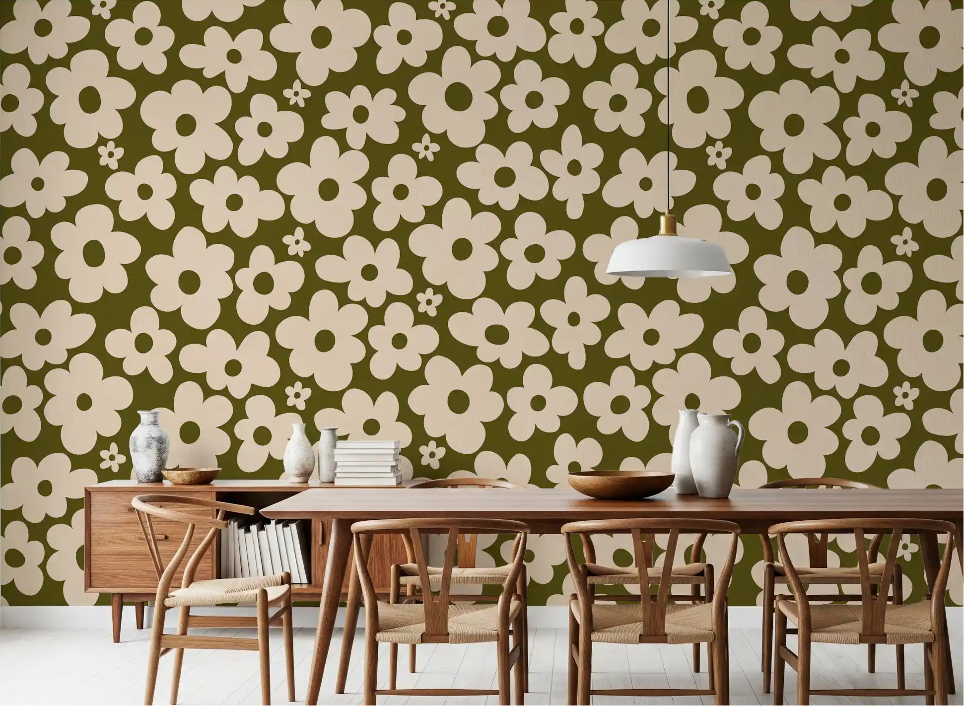 Retro daisy meadow wall mural spanning a Dining room feature space GD11110
