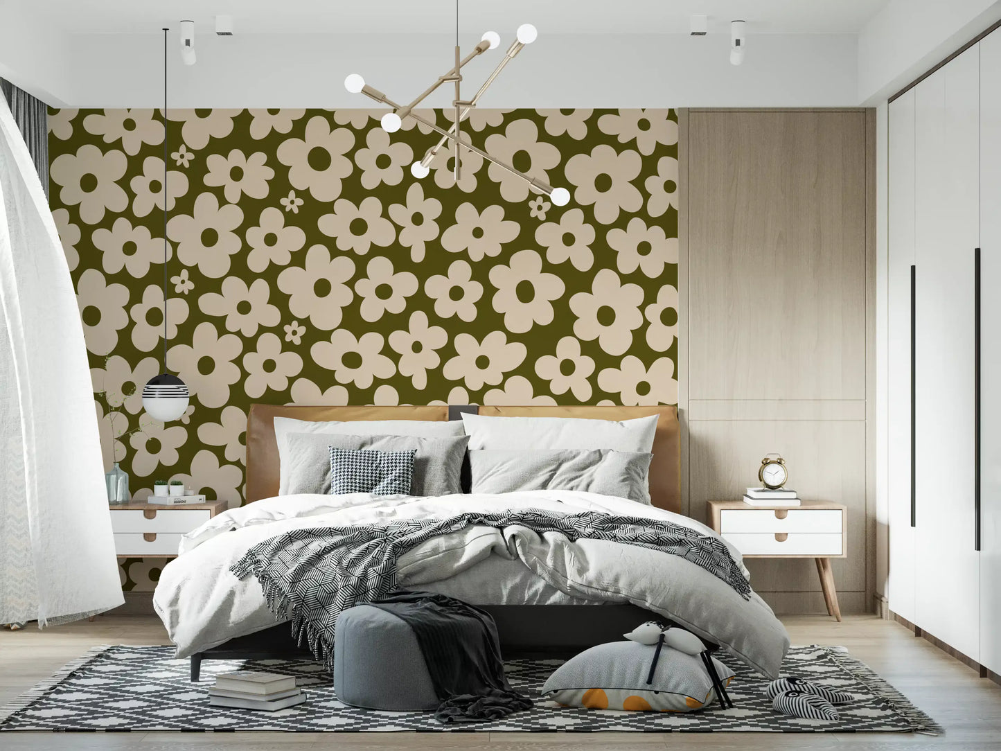 Retro Daisy Meadow in Salbei und Creme Wandbild