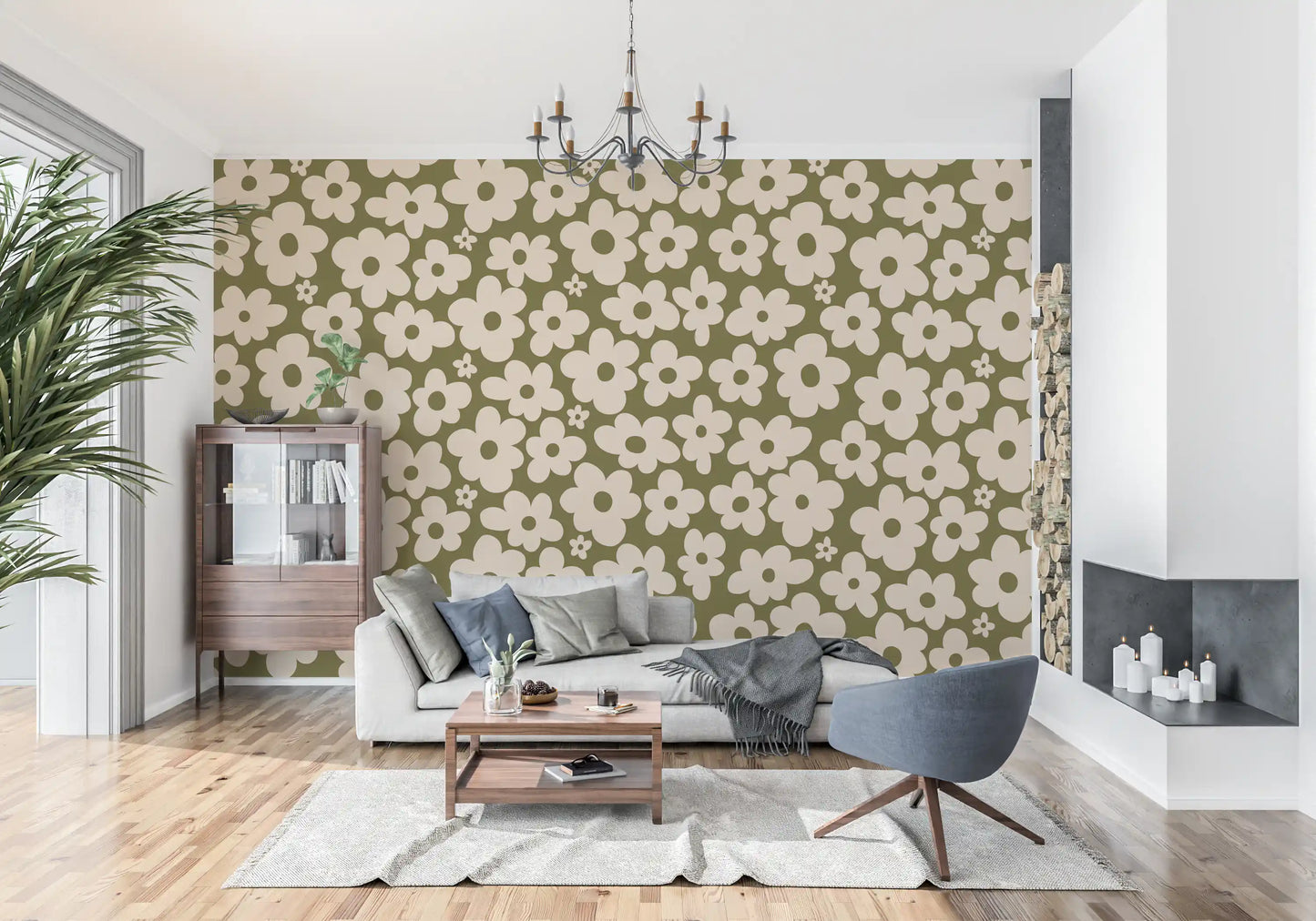 Retro Daisy Meadow in Salbei und Creme Wandbild