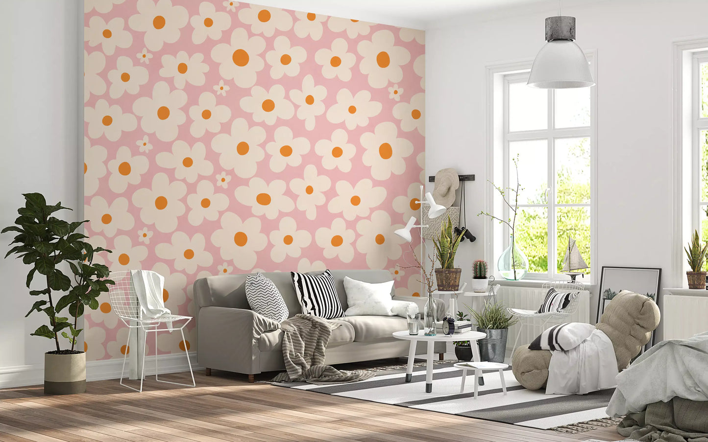 Retro Creme und Rosa Gänseblümchenfeld Wandbild