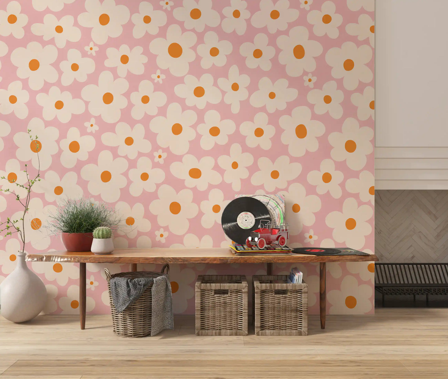 Retro Creme und Rosa Gänseblümchenfeld Wandbild
