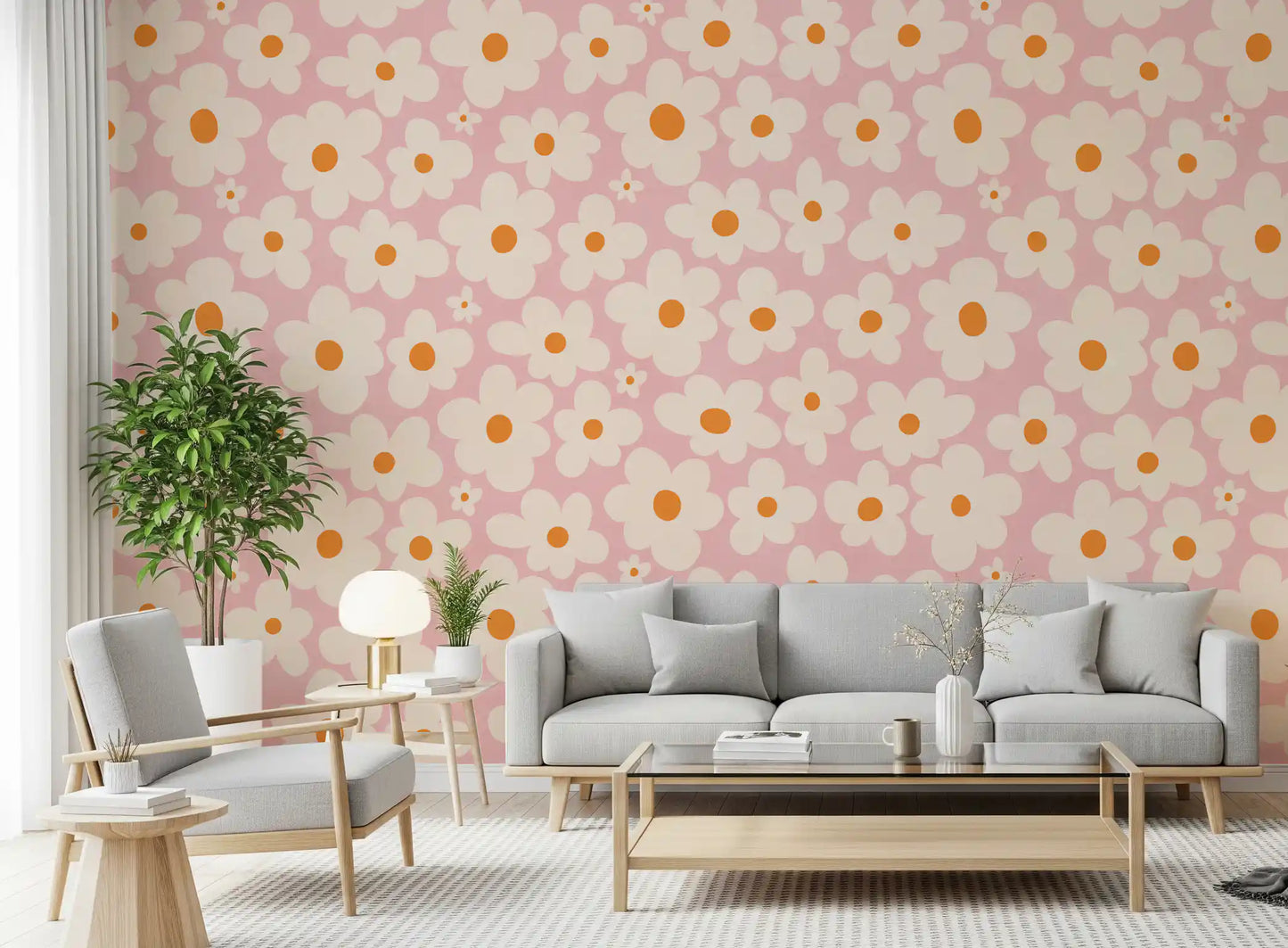 Retro Creme und Rosa Gänseblümchenfeld Wandbild